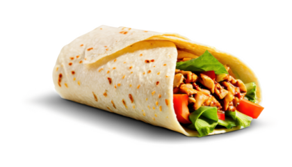 Delicious chicken wrap with fresh vegetables on white background