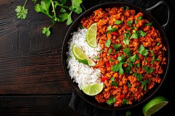 Vibrant Bowl of Spicy Chicken Stir-Fry with Rice and Fresh Lime on Rustic Wooden Table
