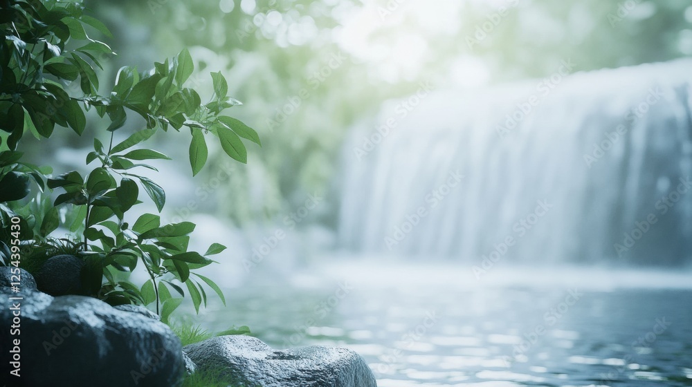 Poster lush green foliage near a tranquil waterfall cascading into a serene pond in a natural setting. gene
