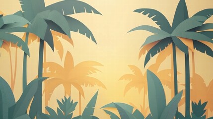 Obraz premium Serene Tropical Palm Trees Silhouette on Warm Golden Background - Perfect for Summer Themes and Nature Inspired Designs, Ideal for Travel Promotions.