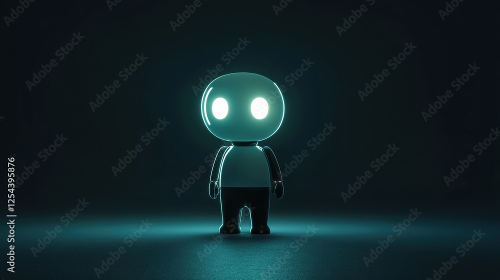 Aufkleber minimalist glowing humanoid robot stands proudly in a dark, futuristic environment with soft illumin