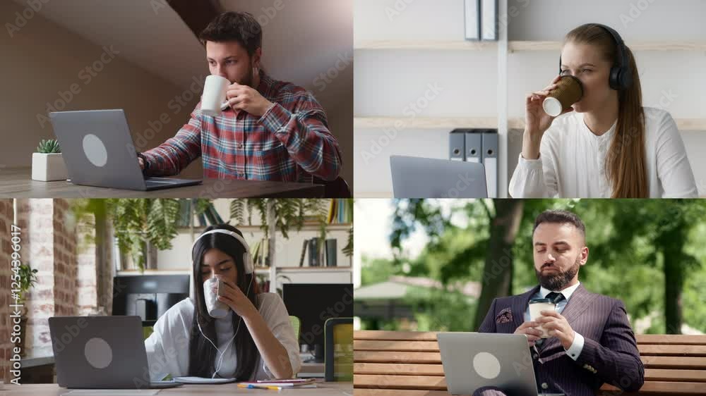 Poster a group of four individuals are engaged in remote work, drinking coffee at different locations. each