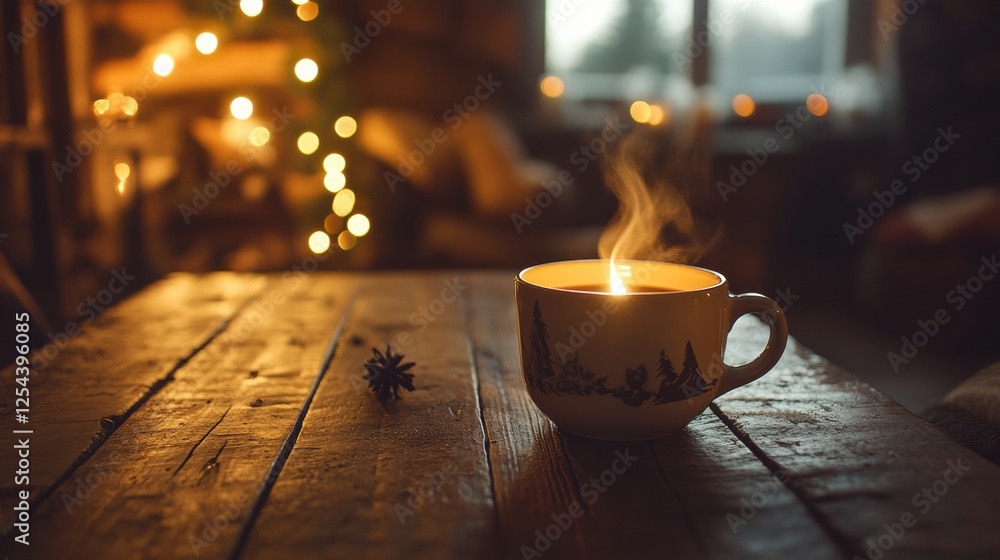 Poster warm coffee cup with steam rises on rustic wooden table in cozy atmosphere during evening time. gene