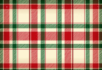 Authentic Hand-Stitched Plaid: Vintage Christmas Red, Green, and White Lines on Cream, Classic Country Style for Festive Fabric and Wallpaper Design

