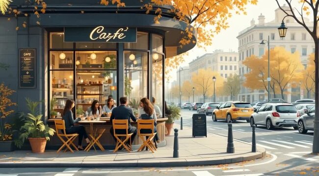 Autumn cafe, friends gathering, city street, sunny day, coffee shop