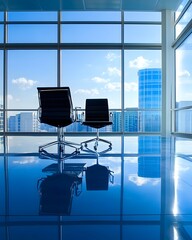 Two Office Chairs and City View from Modern Office
