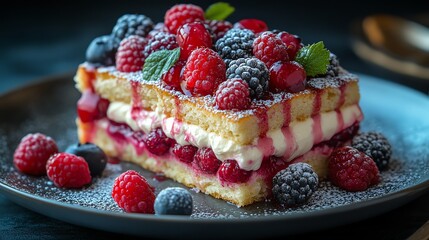 A delectable raspberry cake layered with fresh cream and adorned with plump berries, showcasing vibrant colors and tempting textures, perfect for dessert lovers and special occasio