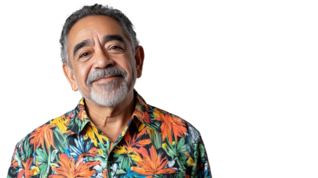 Happy senior man smiling and wearing colorful shirt on transparent background