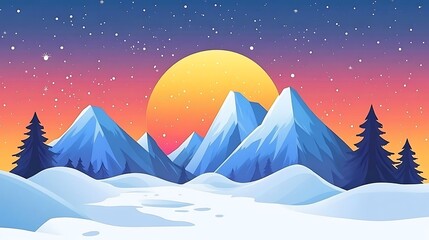 Serene Winter Mountain Landscape Under Sunset Sky