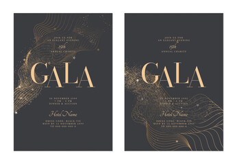 Charity gala dinner invitation features flowing, minimalist organic gold lines, glitter and stars on dark muted gray background, creating a sophisticated and elegant look