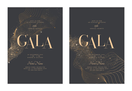 Charity gala dinner invitation features flowing, minimalist organic gold lines, glitter and stars on dark muted gray background, creating a sophisticated and elegant look