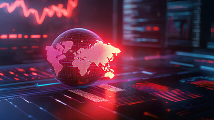 glowing digital globe with interconnected networks visualizing global data exchange, set against backdrop of digital screens and graphs. image conveys sense of advanced technology and global