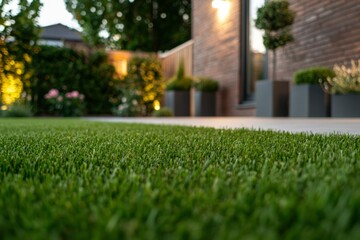 Lush green artificial grass in a modern backyard with elegant planters and soft evening lighting