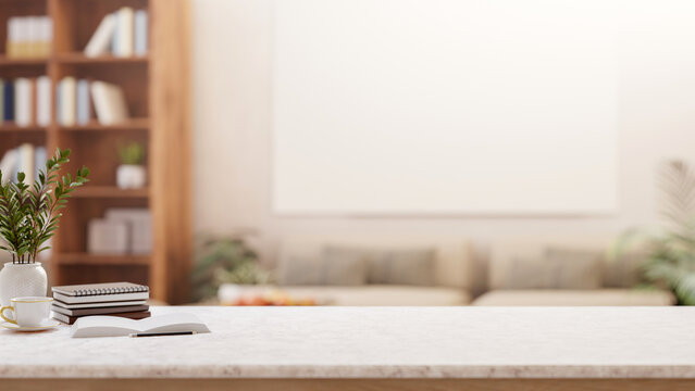 A tabletop with a blurred background of a contemporary living room.