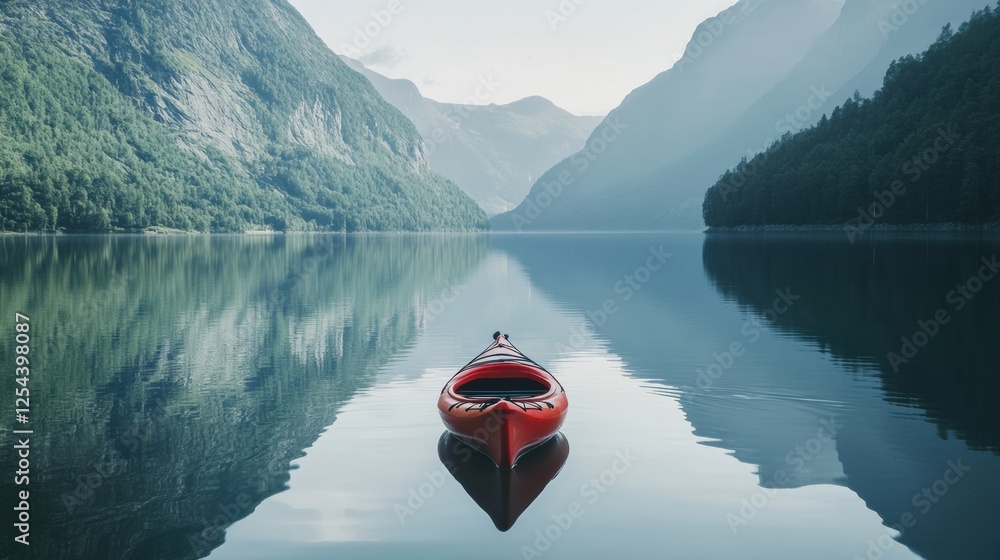 Aufkleber lone kayak floats on calm mountain lake surrounded by serene wilderness in soft morning light. gener