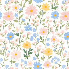 A colorful floral pattern with pink, blue, and yellow flowers