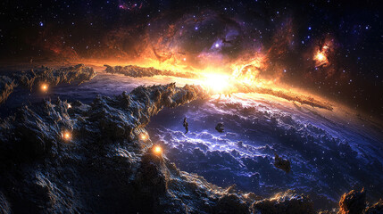 Fototapeta premium Stunning cosmic landscape showcasing a vibrant sunrise over a distant planet's horizon