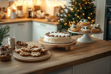Naklejka premium Festive kitchen table filled with freshly baked cookies and decorated cakes ready for celebration. Generative AI