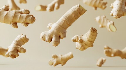 Floating ginger roots, beige background, food photography, healthy recipe (1)