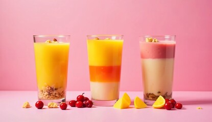Colorful Layered Smoothies on Pink Background