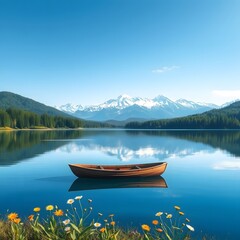 Obraz premium Scenic Mountain Lake with Crystal Clear Water, Snow-Capped Peaks, Lush Forest, Wildflowers, and Breathtaking Reflections, Nature Landscape Photography
