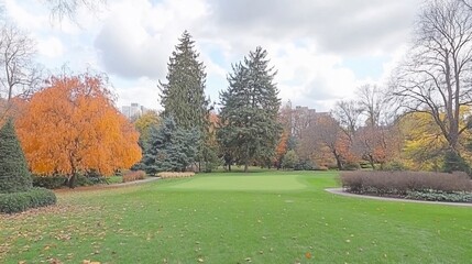 Fototapeta premium Autumnal park putting green, city backdrop