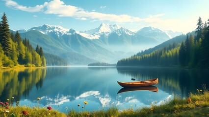 Obraz premium Scenic Mountain Lake with Crystal Clear Water, Snow-Capped Peaks, Lush Forest, Wildflowers, and Breathtaking Reflections, Nature Landscape Photography
