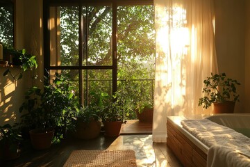 Serene bathroom scene with sunlight filtering through curtains, revealing lush greenery outside