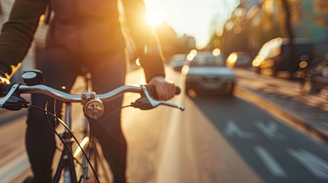 A close-up of a person riding a bicycle instead of driving a car
