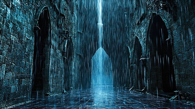 Dark, abandoned cathedral with rain pouring inside, creating a mystical atmosphere