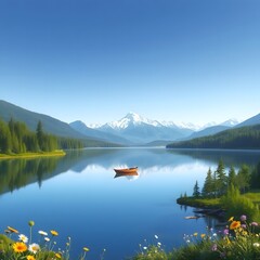 Obraz premium Scenic Mountain Lake with Crystal Clear Water, Snow-Capped Peaks, Lush Forest, Wildflowers, and Breathtaking Reflections, Nature Landscape Photography