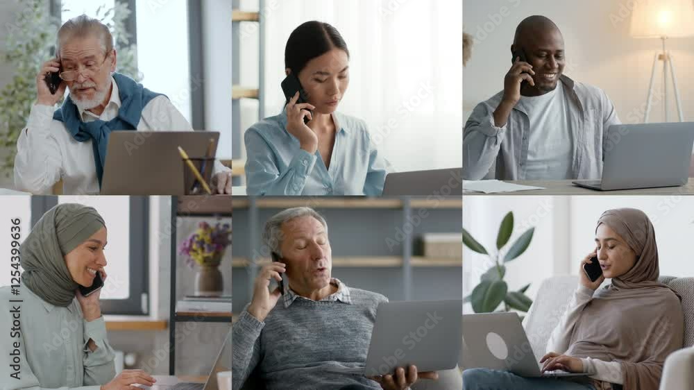 Poster A group of six people from different backgrounds are speaking on the phone while working from home. They appear focused and engaged in their discussions, showcasing remote communication.