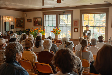 health workshop, people gather, eager to learn about mindful living, sharing wellness pamphlets and hearing healthcare presentations on this special day