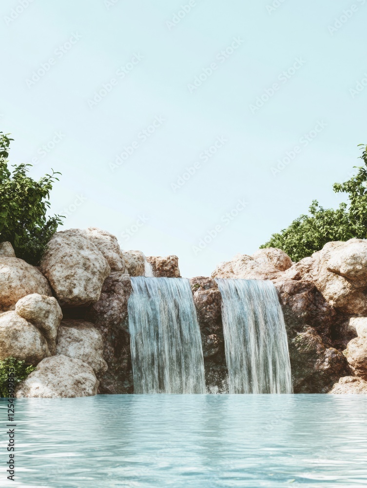 Aufkleber serene waterfall cascading over natural rocks into a clear pool under a sunny sky. generative ai