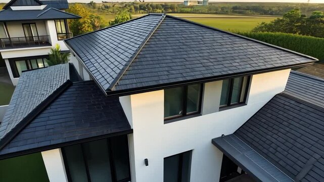 Modern House with Dark Slate Roof: A contemporary house showcasing a sleek, dark slate roof, viewed from an aerial perspective, highlighting its architectural design and quality roofing material.