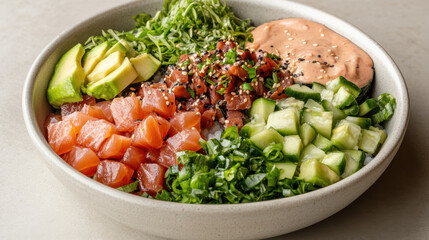 colorful poke bowl filled with fresh sashimi, avocado, and vegetables