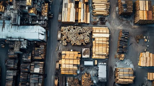 Aerial View of Lumber Mill:  A breathtaking aerial perspective of a bustling lumber mill, revealing an intricate network of stacked timber, processing facilities, and pathways.