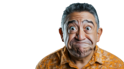 Mature man making funny face on transparent background