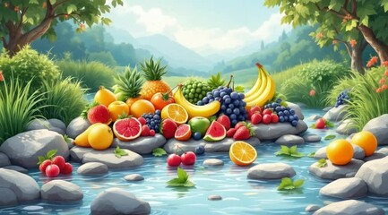 Fresh fruit by river, scenic valley background.  Use Food, health, nature imagery