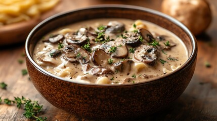 A delicious bowl of creamy mushroom soup garnished with fresh herbs, perfect for cozy meals and comforting flavors. Ideal for food lovers and culinary enthusiasts.