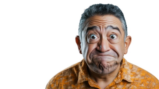 Mature man making funny face on transparent background - Powered by Adobe