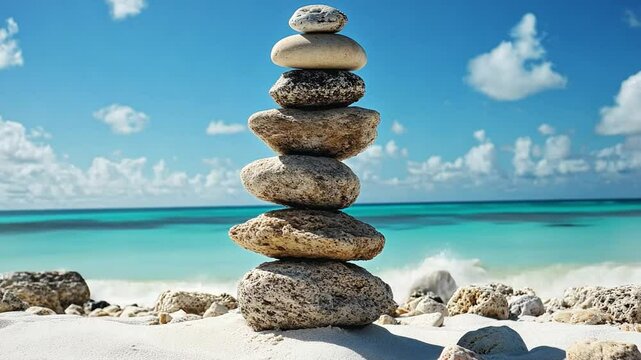 Zen by the Shore: A meticulously balanced stack of stones stands tall against the backdrop of a serene turquoise ocean and pristine white sand beach, evoking tranquility and a sense of balance. 