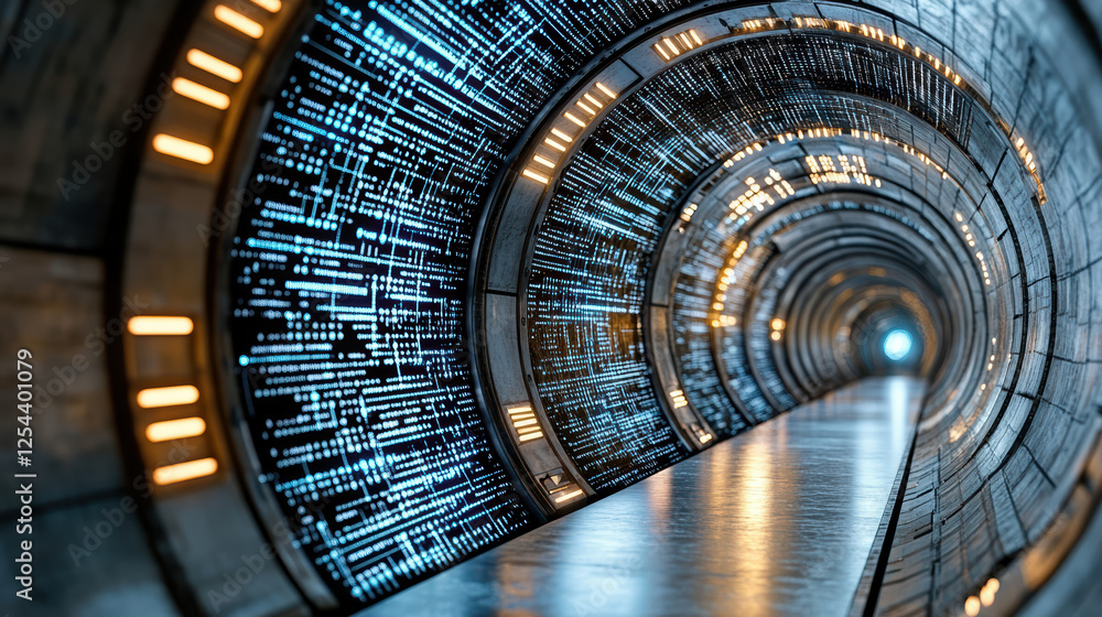 Poster futuristic tunnel with glowing digital patterns and lights