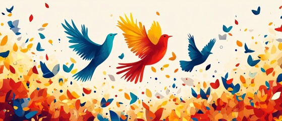 Colorful Birds Flying Amidst Abstract Leaves