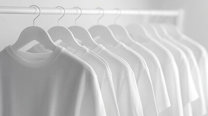 Fototapeta premium Elegant Display of Crisp White Shirts Hanging on a Stylish Rack Under Soft Lighting Creating a Fresh and Inviting Atmosphere Perfect for Fashion Retail and Wardrobe Organization Ideas