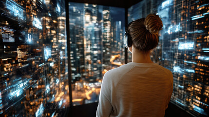 person wearing headphones in futuristic cityscape, immersed in technology