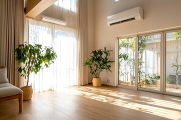 Bright and airy living room with large windows, potted plants, and wooden flooring, showcasing tranquility