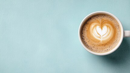 Latte art heart, coffee cup, blue background, morning beverage