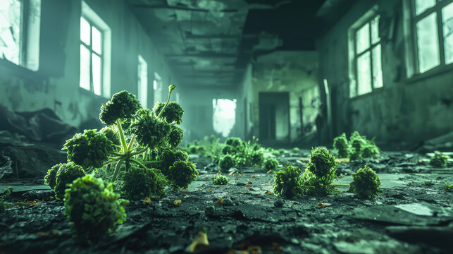 Overgrown green plants thriving in an abandoned, dilapidated building with broken windows