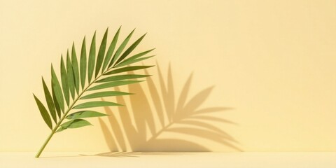 Single Palm Frond Casts a Shadow Against a Pale Yellow Background, Creating a Serene and Minimalist Image Perfect for Product Displays or Design Inspiration